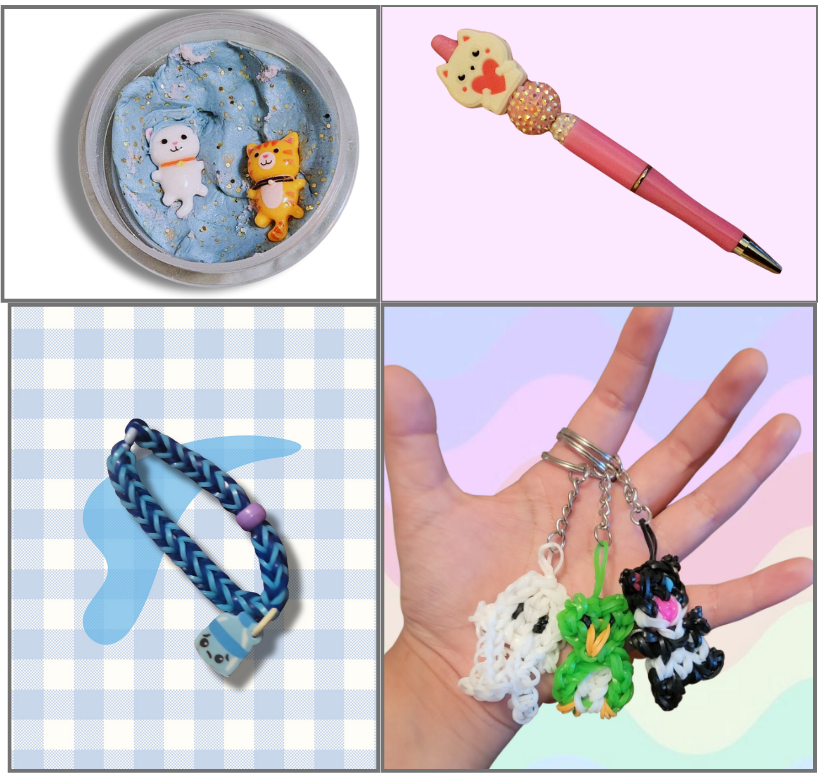 A 10oz container of slime with glitter and charms, a beaded pen with a cat character, a loom bracelet with a charm and three loom character keychains